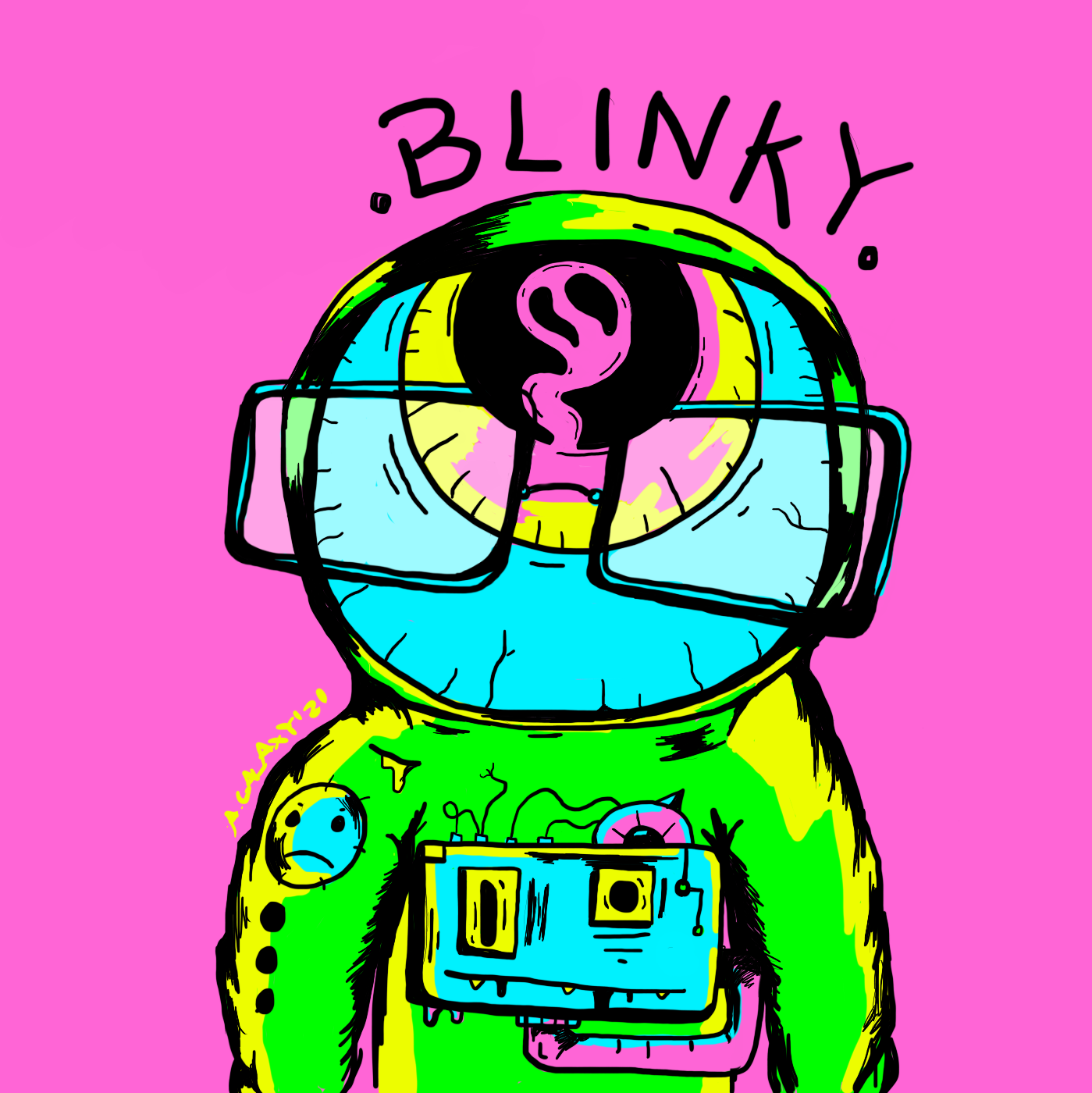 Image Description: An astronaut, in a lime green space suit stands in front of a pink background. In place of their face a giant eyeball, taking up the entire face. Within the pupil is a wispy silhouette of a ghost. The astronaut is wearing a pair of glasses, smaller than the eyeball. The spacesuit has a smiley-face sewn into it, and a large rectangular device on its torso, which seemingly has a face made of two buttons and a slight smile with small teeth. The device is attached to two large pipes leading back into the suit. There are small thin wires coming out of its top. A small slit in the suit reveals leakage. 

            The colour palette is pink, sky blue, lime green, and yellow. The outline is a solid Black. 